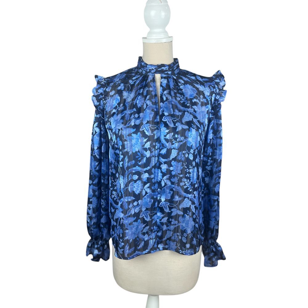 French Connection Blue Retro Floral Mock Neck Ruffle Blouse‎ Long Sleeve Top 6